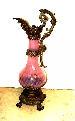 Antique WEBB GLASS Pitcher Urn Cranberry Patchwork Design Metal Base & Handle • $39