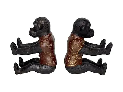 Rare Vtg Monkey Bookends Cast Metal Heavy Wearing Mandarin Collar Shirt Oriental • $155