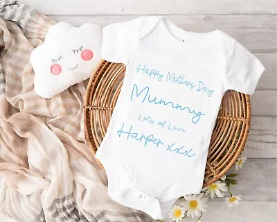 Personalised Mother's Day Baby Grow 07 Blue Happy Mothers Daddy Love Harper • £7.50