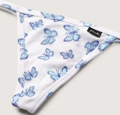 Victorias Secret PINK Cotton V-String Thong Panty S M L XL White Blue Butterfly • $11.95