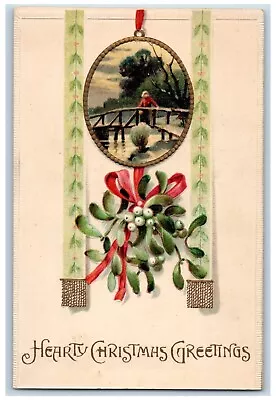 Christmas Postcard Greetings Mistletoe Bridge Scene Winter Embossed C1910's • £9.38