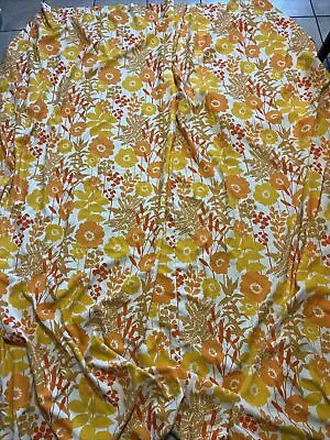 Vintage 1960’s Retro Yellow Orange Floral Cotton Rayon Patio Door Curtain 92x108 • $125