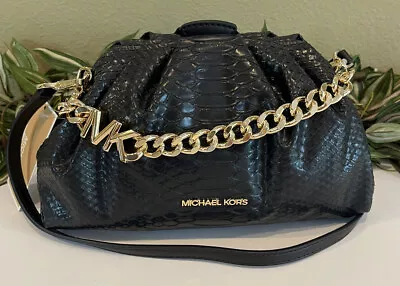 Michael Kors Nola Small Chain Clutch Crossbody Shoulder Mk Black Snake Croc Bag • $104.99