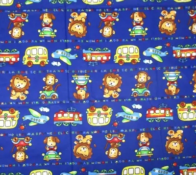 Vintage Flannel Fabric Blue Baby Toddler Monkey School Bus Airplane Car 1 Yard • $10.99