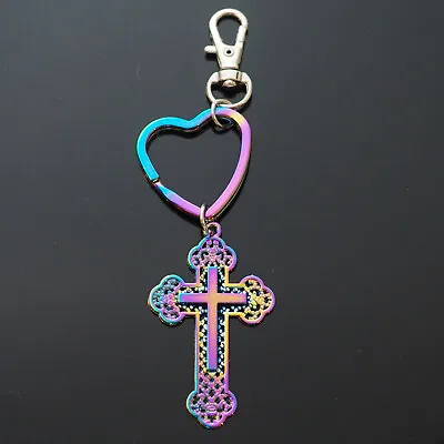 $6.99 • Buy Cross Design Christian Rainbow Neon Keychain Pendant Heart Shaped Key Ring Clip