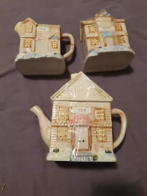  England TEA SET TEAPOT SUGAR CREAMER HOUSE VILLAGE SHAPED  • $12.99