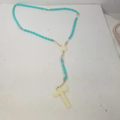 Vintage Mother Mary Crucifix Cross Teal/Aqua Bead Rosary Necklace • $14.99