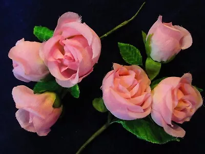Vtg Millinery Flower 3 Crepe Rose W/ Velvet Leaves Lot Of 2 KW2 Pick Pink Beige  • $8.99