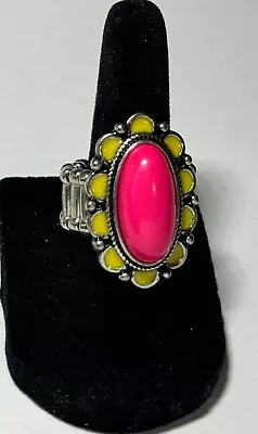 Paparazzi Vintage Silver  Stretch Ring Pink Oval Pink Stone W/Yellow Accents • $6.99