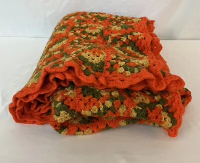 Hand Knitted CROCHET Granny Square Blanket Orange Fall Colors 52 X 74 EUC • $27.50