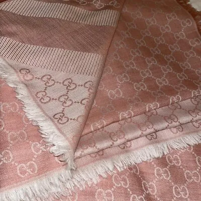 Gucci Pashmina Shawl - Wool/silk 2-tone Pink & Ivory GG Web Monogram 55” Scarf • $400