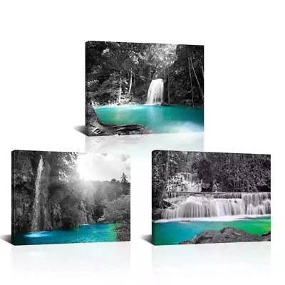 3 Piece Black White Teal Forest Canvas Wall Art Waterfall Pictures Turquoise ... • $45.51