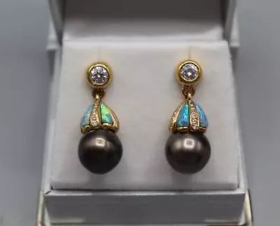 Kabana 18k 750 Yellow Gold Diamond Opal Tahitian Pearl Dangle Earrings *NEW* • $3999.99