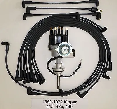 MOPAR 413-426-440 1959-1972 BLACK SMALL Cap HEI Distributor & Spark Plug Wires • $124.98