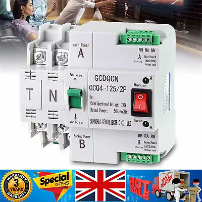 Dual Power Automatic Transfer Switch For Generator Changeover Switch 2P 63A NEW • £16