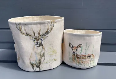 Handmade Christmas Fabric Storage Basket - Linen Deer & Stags Highland Nature • £10