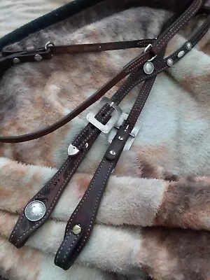 Tooled Fixed Ear Dark Oil Headstall With Sterling Buckles & Vtg. Fleming Conchos • $335