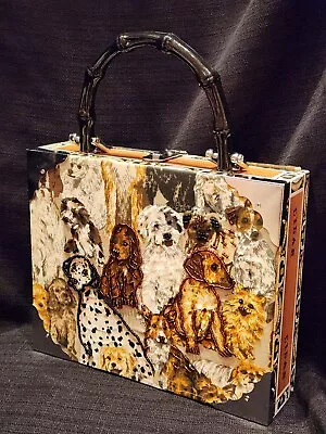 Vtg Retro Cigar Box Purse Handbag Decorated W/Multi Breeds Dogs Fabric & Beading • $27.50
