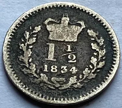 1834  William IV Silver British Three Halfpence 1 1/2 Pence / #63 • £18.99