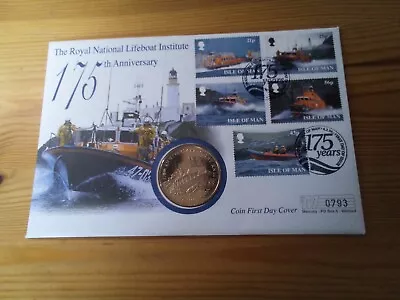 Isle Of Man 1999 175th Anniversary RNLI Mercury £5 Coin FDC  Per Scan • £19.99