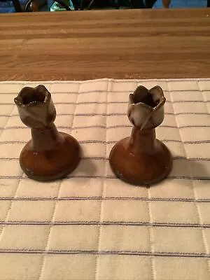 VAN BRIGGLE TULIP CANDLE HOLDERSwith Brown Drip Glaze • $25