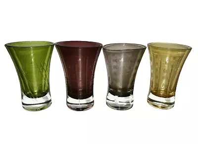 4 Vintage Multicolor Etched Mid Century Mod Glass Shot Glasses  Man Cave Barware • $24