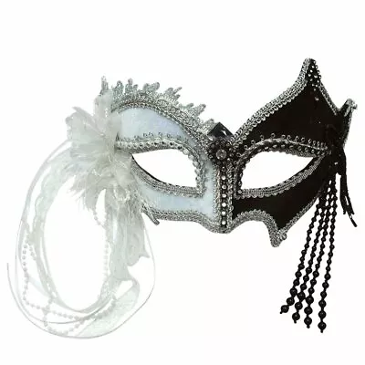 Stunning Black & White Masquerade Party Mask With Feathers & Beads • £17.99