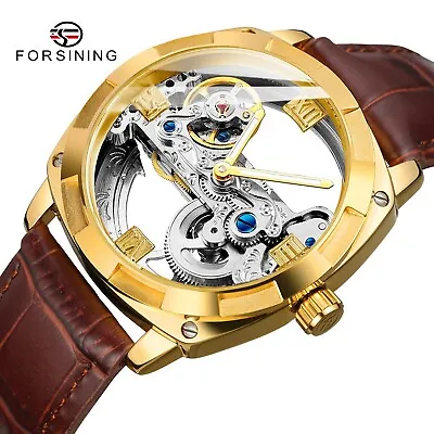 Forsining Mens Skeleton Mechanical Waterproof Luxury Watch Leather Hollow • $60