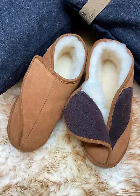 Men's Luxury Merino Sheepskin Wide Fitting EE Bootie Slippers Hard Sole Brown • £79.99