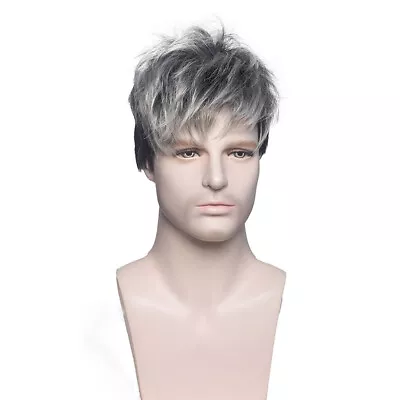 Men's Silver Gray Gradient Small Curly Short Hair Wig Sets Dark Gray Brown W LR1 • £8.54