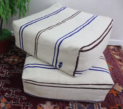 Set Of 2 Vintage Handmade Moroccan Pouf Berber Yoga Cushion Ottoman Footstool • $250