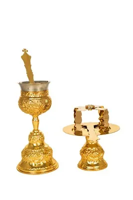 Gold-Plated Greek Chalice Set Engraved Small Travel Mass Kit 100ml 3.38oz 18cm • $179.22