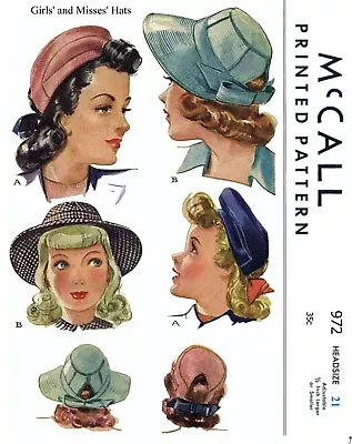 McCall # 972 Hat Cap Beret Fabric Sewing Pattern Vintage Millinery 1940's Girl's • $4.99