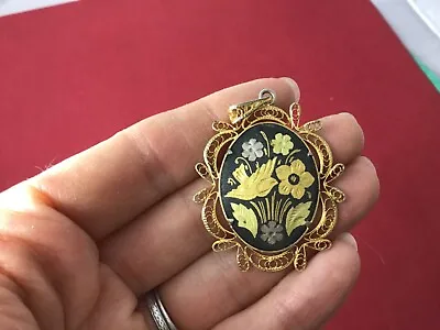 Vintage Damascene Gold Tone Enamel Bird Flower Necklace Pendant • $12