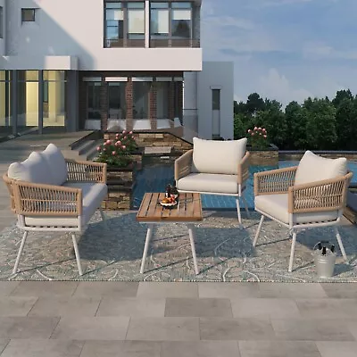 4-Piece Rope Patio Furniture Set Outdoor Conversation Table And Coushion Beige • $617.49