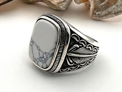 Men Natural White Turquoise Gemstone 925k Silver Ring Authentic Design Best Gift • $60.99