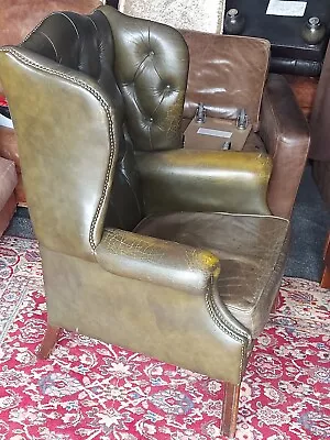 Chesterfield Edwardian Leather Wing Back Armchair Club Library Green Delivery 🚚 • £189
