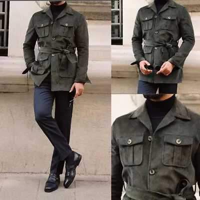 Corduroy Men's Safari Jacket With Belt Wedding Groom Blazer Formal Business 2pcs • $53.39