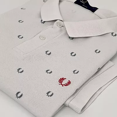 Fred Perry White Pattern Slim Fit Short Sleeve Polo Shirt Size M Mod Skins 60s • £17