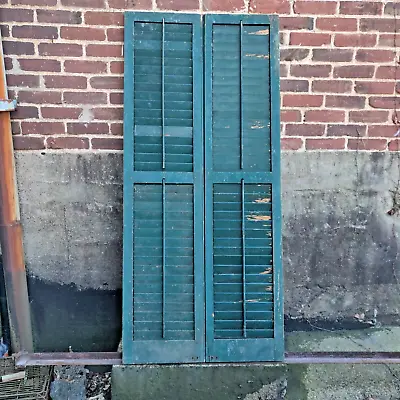 Antique Green Louvered Shutter Pair W- Cast Mounts Patina Chippy Distressed • $125