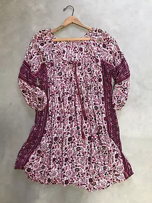 Vintage 70's Floral Block Print Gauze Cotton Sheer Breezy Bohemian Hippie Dress • $68