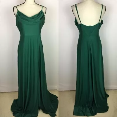 Faeriesty Formal Gown Maxi Dress Sz L Womans Green Cowl Neck Front Slit Cocktail • £46.27