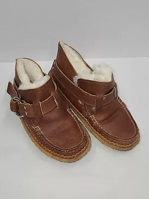 QUODDY Moccasin Booties Brown Leather Ring Shoes Sheepskin Lined • £39.37