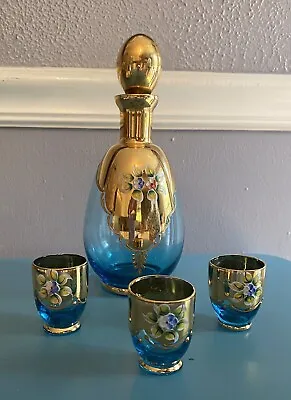 Venetian Murano Italy Glass Decanter Set 3 Glasses Gold Turquoise Aqua Blue • $49.99