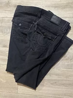 True Religion Ricky Pants Mens 33 Flap Relaxed Straight Jeans Black Denim • $29