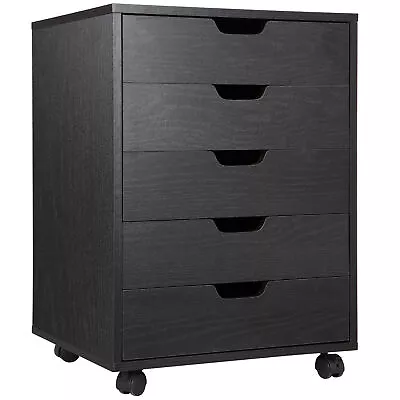 5 Drawers Chest Wooden Dresser Storage File Cabinet For Bedroom W/ Wheels Black • $61.58