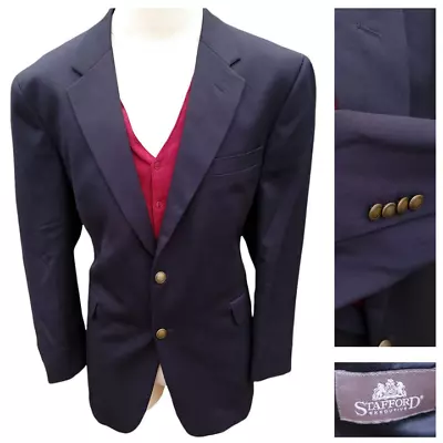 Stafford Black Mens 46R Blazer Suitt Jacket Coat Gold Buttons Wool Executive Vtg • $67