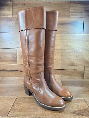 Vtg FRYE Woman's Brown Leather Knee High Rollover Top Boots Pull On Size 7 B USA • $189.99