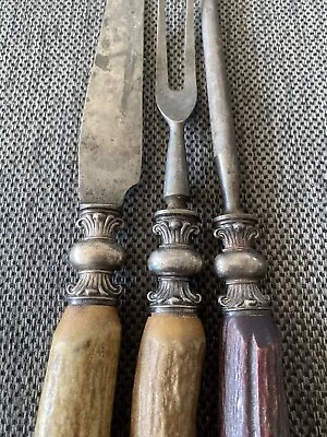 NICE Antique Stag Antler & Sterling Silver Meat Carving Set Knife Fork Cutlery • $99