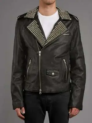 New Men Silver Studded Collar Leather Jacket Steam Punk Silver Spiked Studded • $269.99